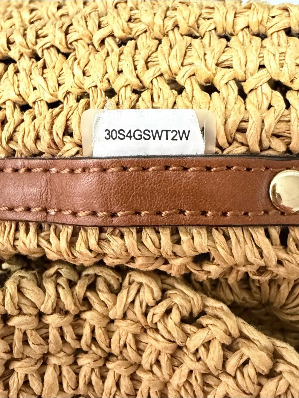 Michael Kors Santorini Studded Woven/Straw Tote w/Brown Leather Straps Like New - Picture 8 of 12